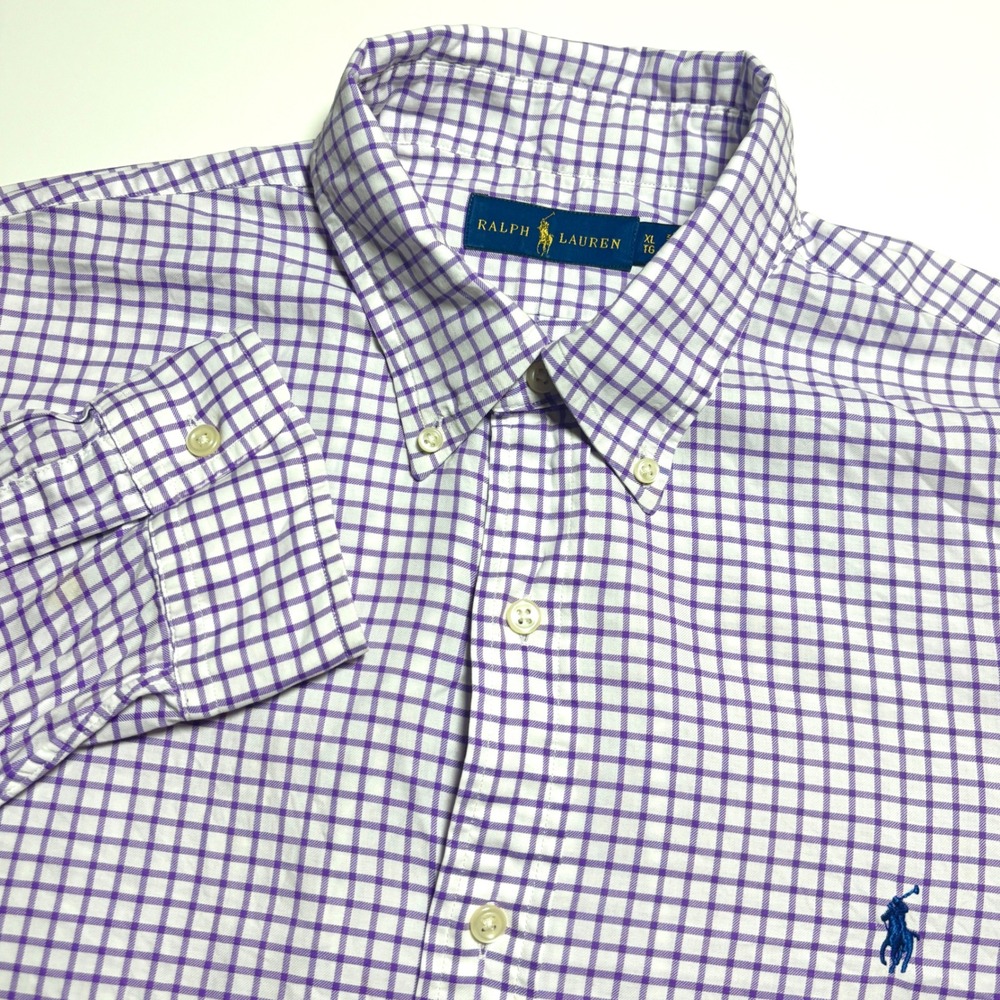 Ralph Lauren Purple White Check Mens Xl Long Sleeve‎ Button Down Pony Shirt